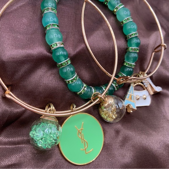 Set of 3 Handmade Green Two Bangles One Beaded Bracelets - Picture 3 of 3